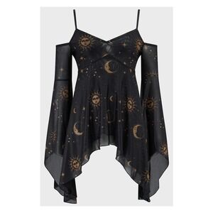 Killstar Nocturnova top Mesh Cold Shoulder Bell Sleeve Handkerchief Hem